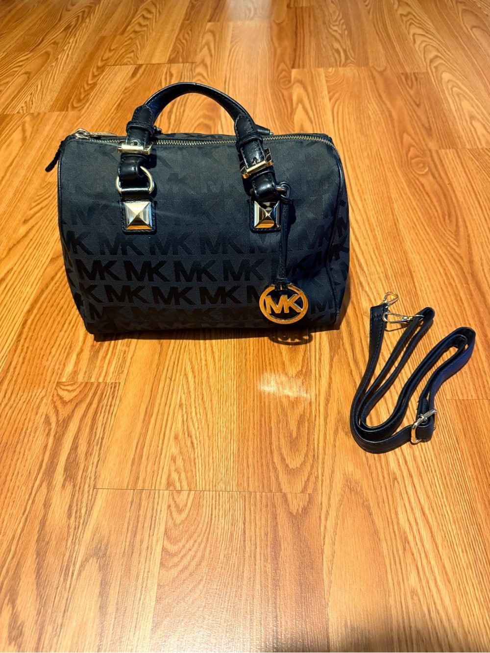 Michael Kors Black MK Logo Duffel Satchel with Gold Hardware